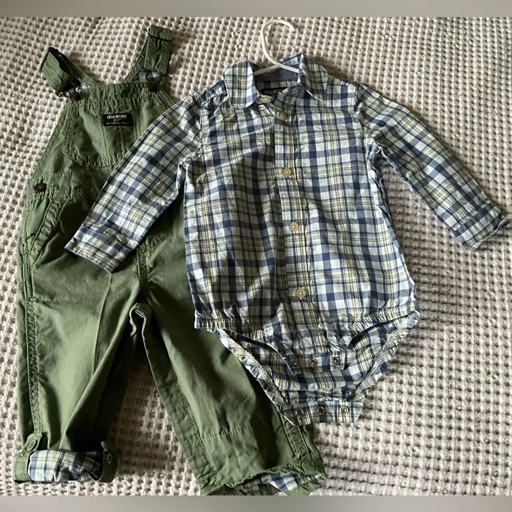 NWOT 2 piece set Oshkosh Overalls + Button Down bodysuit shirt, 18 mo, MSRP $70